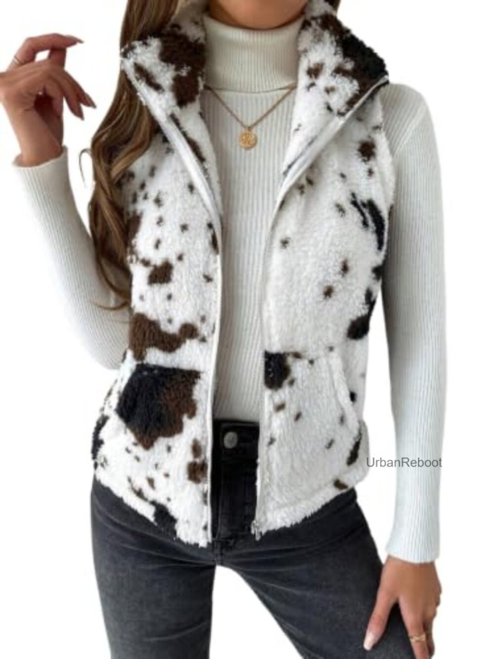 Fuzzy Sherpa Fleece Zip Up Vest Sleeveless Teddy Outerwear with Pockets